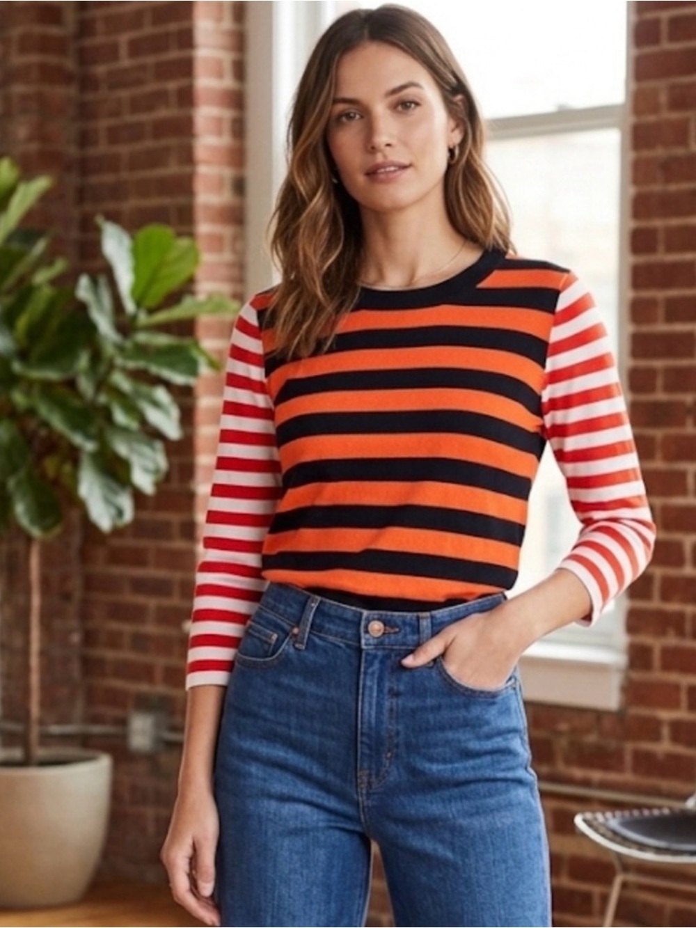 J.Crew Mixed Stripe Sweater Orange Navy Red Crewneck Size L